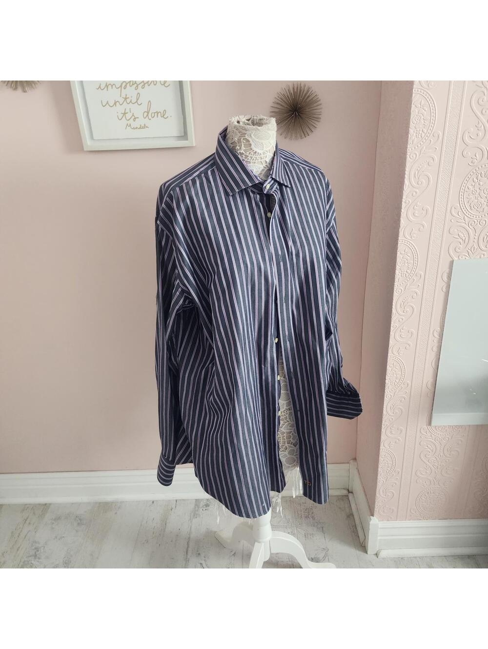 TD Thomas Dean Men’s XL Gray Purple Striped Button-Down Shirt Long Sleeve